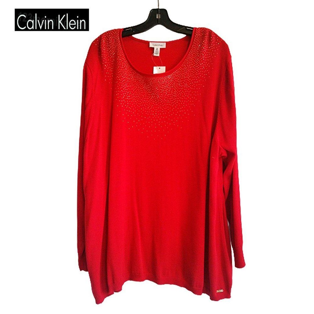 Calvin Klein NEW Glam Rouge Sparkle Embellished Pullover Sweater 3X NWT